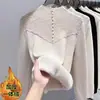 Suéter de Terciopelo de Una Pieza con Cuello Alto Medio para Mujer Otoño e Invierno Camiseta Básica Gruesa con Forro Polar Encaje Interior Tejido Top Cálido