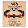 Pulsera de cuentas de fútbol con cruz estilo deportivo, pulsera ajustable tejida a mano con cuentas de piedra negra y balón, con cartón
