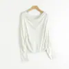 Top de punto vintage estilo francés de lana Tencel con cuello drapeado, diseño ajustado, manga larga, camiseta base fina para mujer