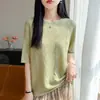 Suéter de punto calado de verano 2026 transfronterizo con patrón de ondas de agua, jersey de cuello redondo, manga corta, camisa base fina y holgada de lana para mujer