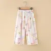 Calça de Pijama Feminina de Algodão e Seda para o Verão, Fina, com Estampa de Desenho Animado, Solta e Respirável, Pode Ser Usada Fora de Casa, Comprimento Nove Pontos