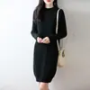 Novo vestido de malha de lã 100% de comprimento médio para outono e inverno para mulheres, gola semi-alta, espessado, saia acima do joelho