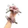 Laço de Fita Exquisito para Cabelo, Scrunchie Rosa Ultra-Fada com Flor em Botão Roxa, Elástico de Cabelo de Rede para Rabo de Cavalo, Elástico de Cabelo