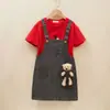 Conjunto de dos piezas de falda con tirantes de mezclilla para niñas, conjunto de verano moderno y a la moda para bebés, traje casual de manga corta para niños