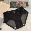 Ropa interior de niña con encaje de malla negra pura y sexy, entrepierna de seda morera, bragas de cintura media con huecos en la cadera