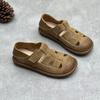 Sandalias Artesanales de Cuero Genuino 2025 Verano Retro Literarias Punta Redonda Plataforma Trenzadas en Forma de T Velcro Piel Vacuna Sandalias de Mujer