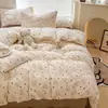 Conjunto de quatro peças 100% algodão puro Classe A para dormir sem roupa, estilo ins, fresco e fofo, algodão lavado, cartoon, conjunto de três peças para dormitório, conjunto de quatro peças estilo lençol com elástico
