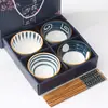 Conjunto de Tigelas para Presente Atacado Conjunto de Louça para Casa Tigela de Porcelana Azul e Branca Conjunto de Tigela Cerâmica e Hashis Caixa de Presente para Utensílios de Mesa