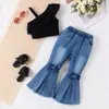 Conjunto de Roupa Infantil Transfronteiriça Estilo Europeu e Americano Verão Alça Única Ombro Diagonal Manga Folha de Lótus Top Jeans Laço Calça Flare Tendência