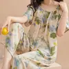 Pijama de algodón y seda para mujer de primavera y verano, corte holgado con cuello de corbata, múltiples estampados, uso versátil, conjunto de manga corta y pantalón largo, ropa para el hogar