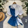 Camisa de mezclilla transpirable tipo patchwork coreano, amigable con la piel, que moldea la cintura para mujer, estilo maduro ligero, con cordones, adelgazante, top versátil para figuras petite