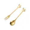 Juego de cuchara y tenedor de acero inoxidable con forma de hoja, creativo y elegante, perfecto para postres, frutas y remover el café con un toque de lujo en casa.