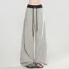 Pantalones casuales de punto a rayas beige y gris estilo americano para mujer, corte holgado y relajado, con una caída favorecedora, efecto adelgazante, versátiles pantalones largos de pierna ancha y recta