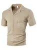 Tamanho Europeu Transfronteiriço Masculino Verão Solta Casual Respirável Gola Reversível Cardigan Cor Sólida Tecido Jacquard de Toalha Manga Curta Camisa Masculina