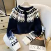Cardigan de malha curto estilo Fair Isle retrô nórdico para mulheres, adequado para usar por dentro ou por fora, top casual e que afina a silhueta