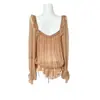 Top texturizado estilo francés de amarre para principios de otoño, blusa de rayón de manga larga con volantes y cuello cuadrado de amarre para mujer en color canela nude y otros colores