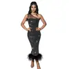 C6666 Transfronterizo AliExpress Amazon Moda Europea y Americana para Mujer Hombro Malla Pedrería Pluma Vendaje Vestido