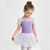 Ropa de Práctica de Ballet para Niñas Niños Malla Transparente Escote Mangas Cortas Abullonadas Maillot Falda de Baile Vestido con Pedrería