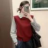 Suéter de punto para mujer estilo coreano de dos piezas falsas, diseño simple inspirado en la dopamina, nuevo top de punto abotonado con dobladillo a rayas de patchwork