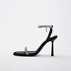 Sandalias de Tacón Alto con Pedrería de Gran Tamaño para Mujer Verano Comercio Transfronterizo Punta Cuadrada Punta Abierta Sandalias de una Correa de Temperamento Europeas y Americanas para Mujer