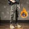 Calça Cargo Jogger Masculina Grossa com Forro de Lã para Outono Calças Casuais Tendência Cintura Alta Cropped Cor Sólida Marca Tendência