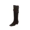Botas Altas de Ante Vacuno Lazy de Estilo Francés 2025 Tacón Medio Grueso Botón Punta Cuadrada Pequeña Hebilla de Cinturón Cuero Genuino Botas Largas para Mujer