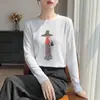Camiseta de Algodón y Cáñamo con Estampado de Dibujos Animados Manga Larga para Mujer Estilo Coreano Rejuvenecedora Simple Transpirable Cuello Redondo Holgada Manga Corta