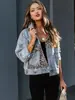 Outono e inverno transfronteiriço novo Amazon Casaco jeans feminino manga longa estação independente Casaco europeu e americano feminino top com costura de leopardo