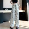 Calça Casual de Cintura Alta Rasgada com Estampa de Borboletas para Mulheres, Novo Design de Verão 2026, Calça Elegante de Caimento Solto Reta de Perna Larga