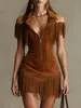 2026 Nuevo Vestido Transfronterizo Y2K Retro Americano de Gamuza con Borlas Hombros Descubiertos Estilo Occidental Vestido Corto Ceñido a la Cintura para Chica Popular