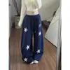 Pantalones casuales de felpa estilo retro americano versátiles con bordado de estrella y cintura elástica, pantalones deportivos de pierna ancha, holgados y adelgazantes.
