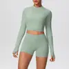Jaqueta Longa de Zíper Nude de Manga Longa com Furo para Polegar, Cintura Alta, Justa, Shorts, Roupa de Yoga, Fitness, Traje de Yoga Levanta Bumbum