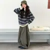 Conjunto de Ropa Casual de Moda Coreana para Niña Grande Estilo Otoño/Invierno Suéter Rayado Grueso con Solapa y Pantalones de Pierna Ancha