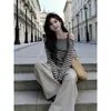 Suéter de punto coreano para mujer de otoño e invierno, a rayas, de manga larga, ajustado, con hombros descubiertos