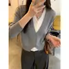 Cardigan de Tricô Vintage Colecionador Outono 2026 com Decote V Falso Duas Peças para Mulheres, Caimento Solto, Elegante, Casaco Leve, Top Tendência