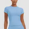 Nuevo producto transfronterizo: Ropa de yoga fina de color liso con cuello redondo, camiseta de entrenamiento ajustada, top deportivo de manga corta, ropa para correr y fitness