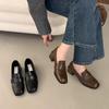 Mocassins Pretos, Bico Quadrado, Slip-Ons Preguiçosos, Sapatos de Couro Pequenos de Salto Alto Grosso, Sapatos Versáteis Franceses Mary Jane para Mulheres, Saltos Médios