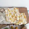 Homewear de Algodón Lyocell Seda Estampado de Dibujos Animados Verano para Niños Delgado Fresco Cómodo Juego de Pijama