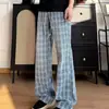 Calça jeans xadrez azul masculina, estilo fino de verão, marca da moda, streetwear estiloso, high street americano, perna reta solta, calça levemente boca de sino