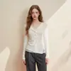 26 Primavera Otoño Estilo Francés Suave Dulce Encaje Patchwork Cuello en V Manga Larga Camiseta Mujer Delgado Capa Base Superior