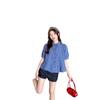 Camisa a Cuadros Azules para Mujer Verano 2025 Nuevo Estilo Casual Camisa de Manga Larga con Volantes Top Corto