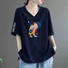 Comércio Exterior Transfronteiriço Roupas de Verão para Mães Estampadas Decote V Solto Tamanho Grande Casual Elegante Camiseta Feminina para Mulheres de Meia-Idade