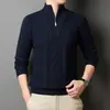 Suéter de punto con cuello alto y cremallera, patrón jacquard, ropa de lana gruesa y cálida de alta calidad para hombres de mediana edad, color liso