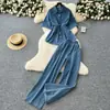 Traje Casual de Mezclilla Verano Cordón Cuello Polo Camisa Top Cintura Elástica Pierna Ancha Corte Ajustado Traje de Verano para Mujer
