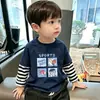 Camiseta de Manga Larga Rayada Patchwork de Dibujos Animados para Niños, Algodón Puro para Primavera y Otoño, Estilo Coreano, Holgada, Moderna, Camiseta Básica Informal para Niños