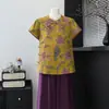 Ropa de verano de alta gama para madres, conjunto de blusa vintage de manga corta, elegante y lujoso conjunto de blusa cheongsam para mujeres de mediana edad de 50 años