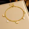 Tobillera Apilada de Doble Capa con Estrellas de Mar de Perlas y Colgante de Mariposa de Concha Brillante Fina, Cadena de Acero Inoxidable Chapada en Oro, Joyería para el Pie de Mujer