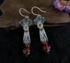 Pendientes vintage de plata de ley s925 con esmalte azul quemado, diseño de nicho de lapislázuli y ágata roja.