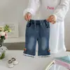 Novos jeans de outono para meninas estilo coreano, calças compridas boca de sino, calças casuais versáteis com cintura elástica, calças retas de morango
