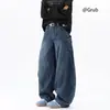Jeans de retalhos curvos desconstruídos tridimensionais com bolso grande estilo retrô americano para homens, calças largas casuais largas e folgadas